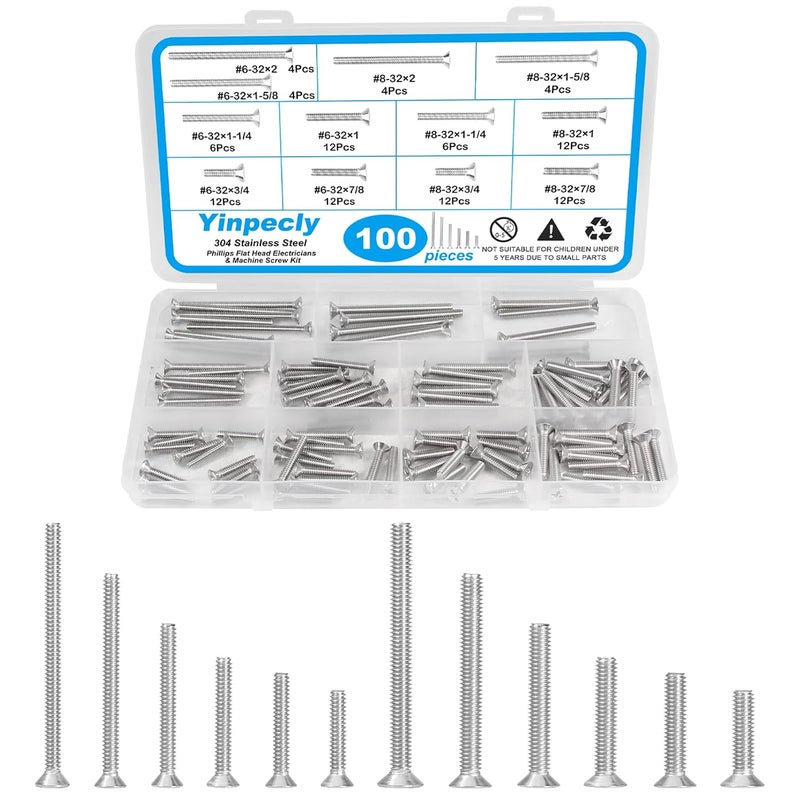 Yinpecly 100 PCS Machine Screws, #6-32#8-32 Phillips Flat Head Electricians Screw Kit 304 Stainless Steel Outlet Screws for Wall Plate Switch, Receptacles Mounting Screws - Image 1